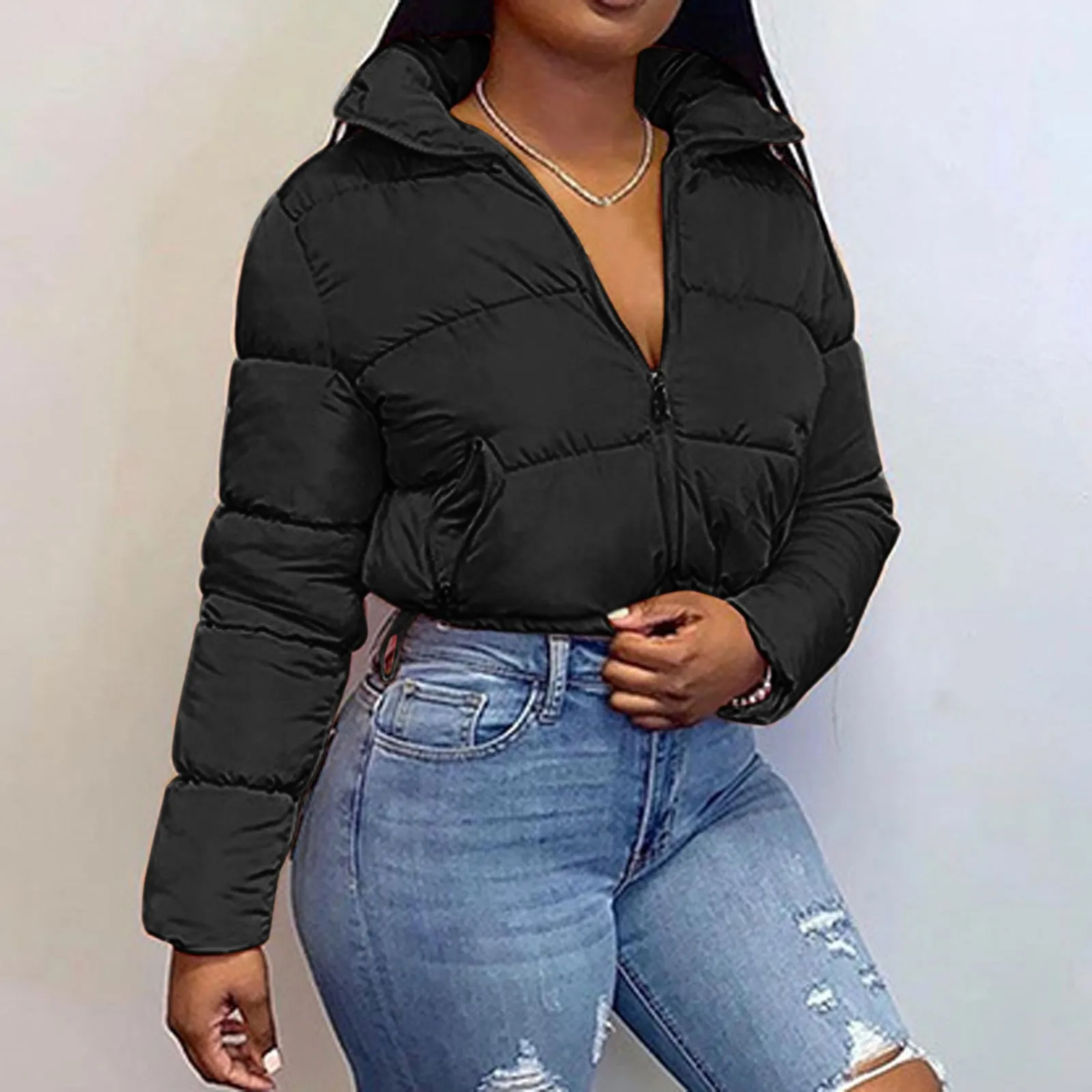 Women Short Parkas Winter Women's Jacket Warm Thick Outwear Shirt Parkas Outfits Black Blue Zip-Up Cropped Puffer Quilted Coats