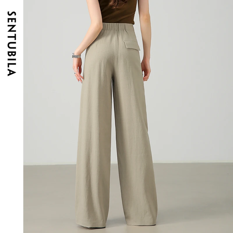 SENTUBILA Texture Linen Pants for Women 2024 Autumn Loose Fit Solid Elastic Waist Folds Comfort Wide Leg Pants 143K57611X