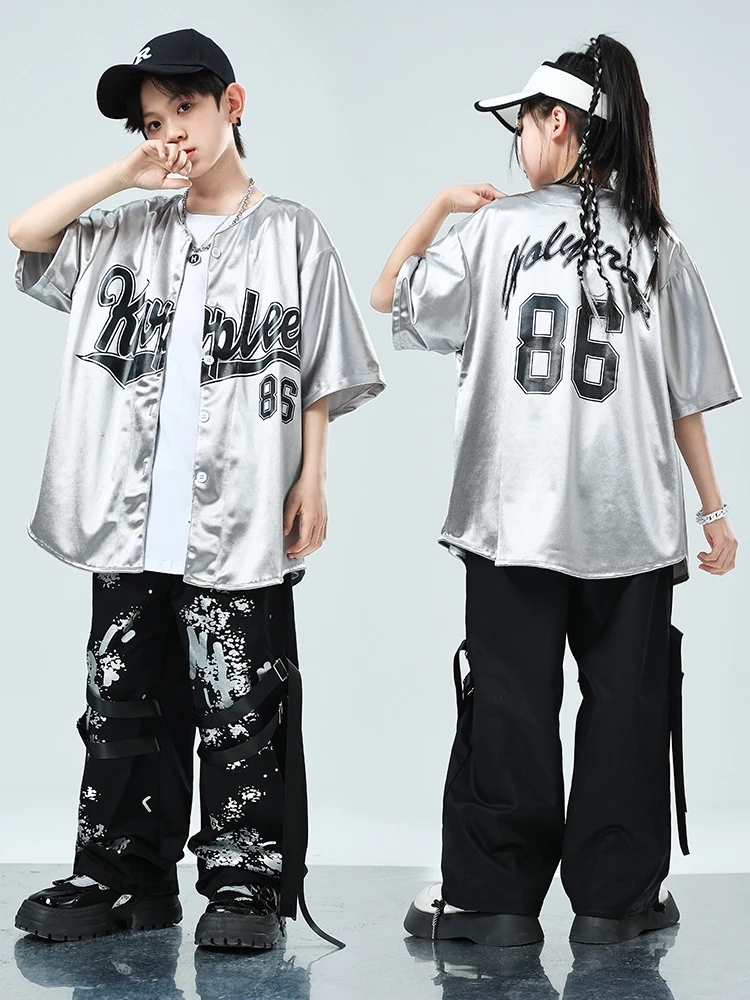 Mode Hip Hop Tanz Kleidung Teenager lose Silber Mantel coole schwarze HipHop Hose Jungen Mädchen Jazz Drum Stage Kostüm Rave bl12970