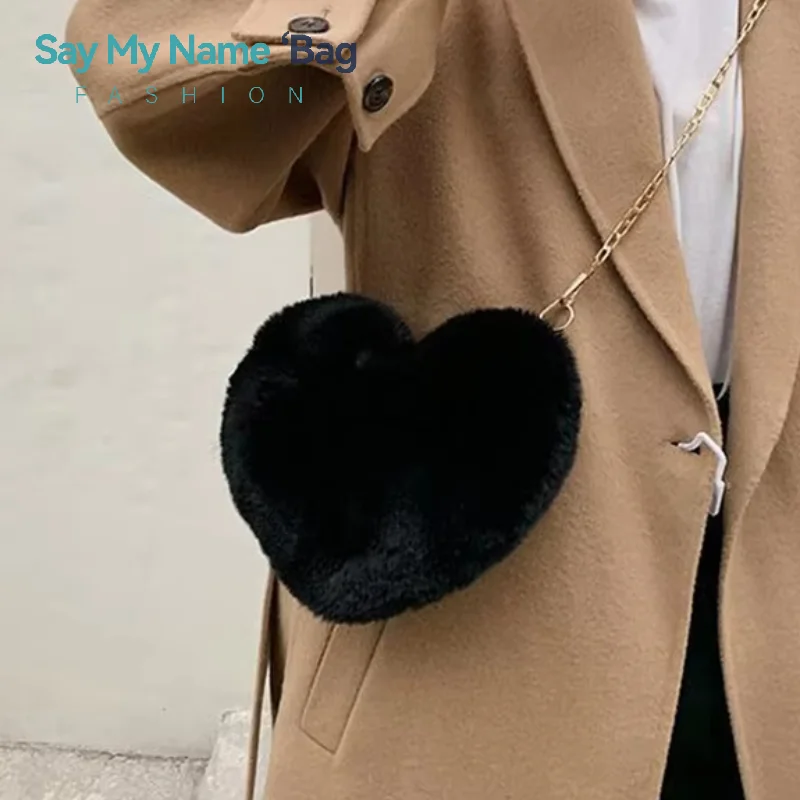 

﻿ Love Bag New Valentine's Day Chain Plush Heart shaped Bag Female Diagonal Cross Bag Peach Heart shaped Love Small Bag Female