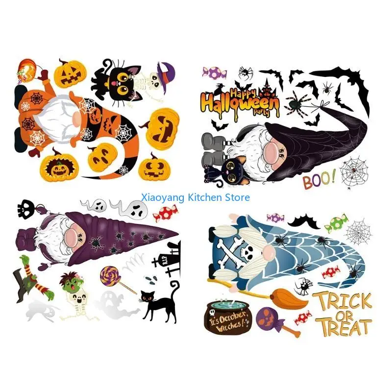 69HC 4 Sheet Halloween Decorations Window Decals Wall Stickers Gnome Pumpkin Horror Clings Decorations