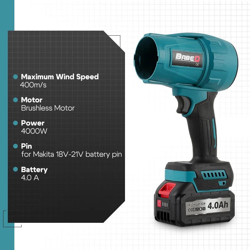 マキタ18Vバッテリーピン対応、4000Wブラシレス電動ターボ送風機ジェットファン、400M/Sワイヤレス強力車乾燥機リーフブロワーツール