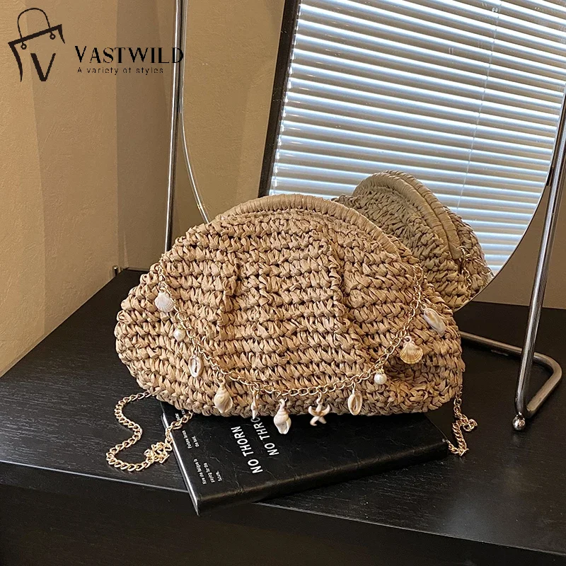 2026 New Exquisite Bohemian Shell Decor Straw Crossbody Bag Summer Vacation Travel Woven Rattan Beach Shoulder Purse for Women