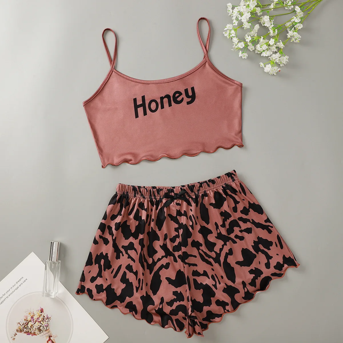 Two Piece Set Pajamas for Women Leopard Print Lettering Sleepwear Pyjamas Camisole Shorts Sets Summer Loungewear Home Clothes