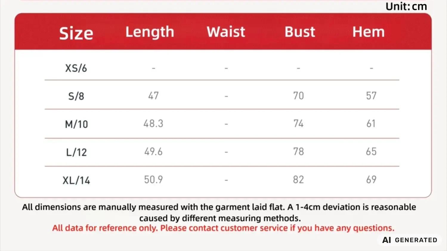 Size chart and fit details