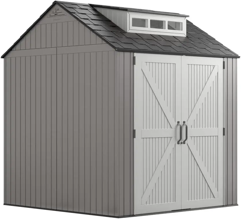 Resin Outdoor Storage Shed With Floor (7 x 7 Ft) Weather Resistant Gray Organization for Home/Backyard/Garden Tools