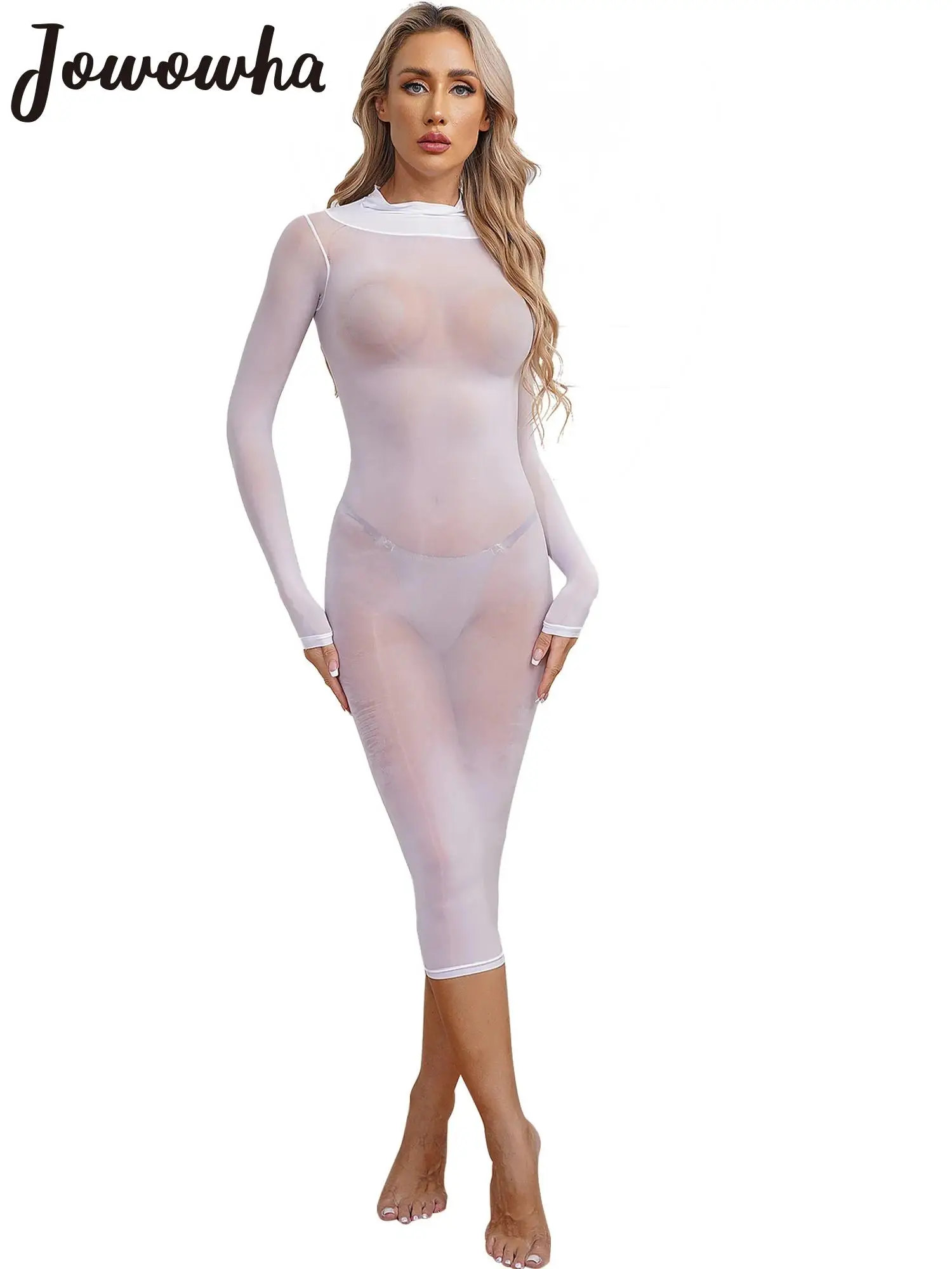 

Womens See Though Bodycon Dress Sexy Lingerie Long Sleeve High Stretchy Glossy Dress Rave Party Pole Dancing Clubwear Nightwear