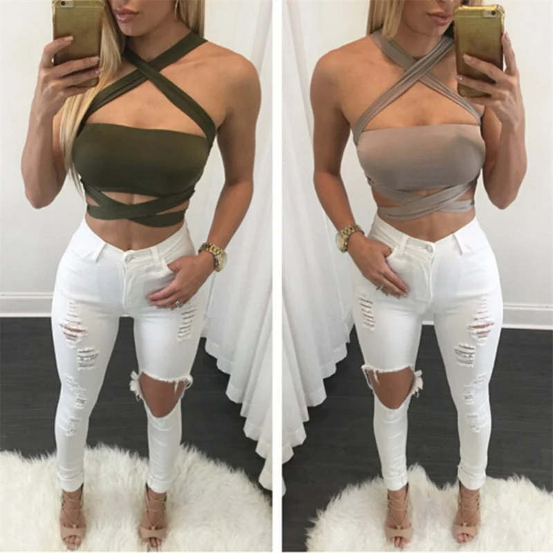 CAKULO Women Summer New Fashion Women Tank Tops Sexy Solid Colors Cross Halter Neck Push Up Hollow Crop Tops Clubwear Tops