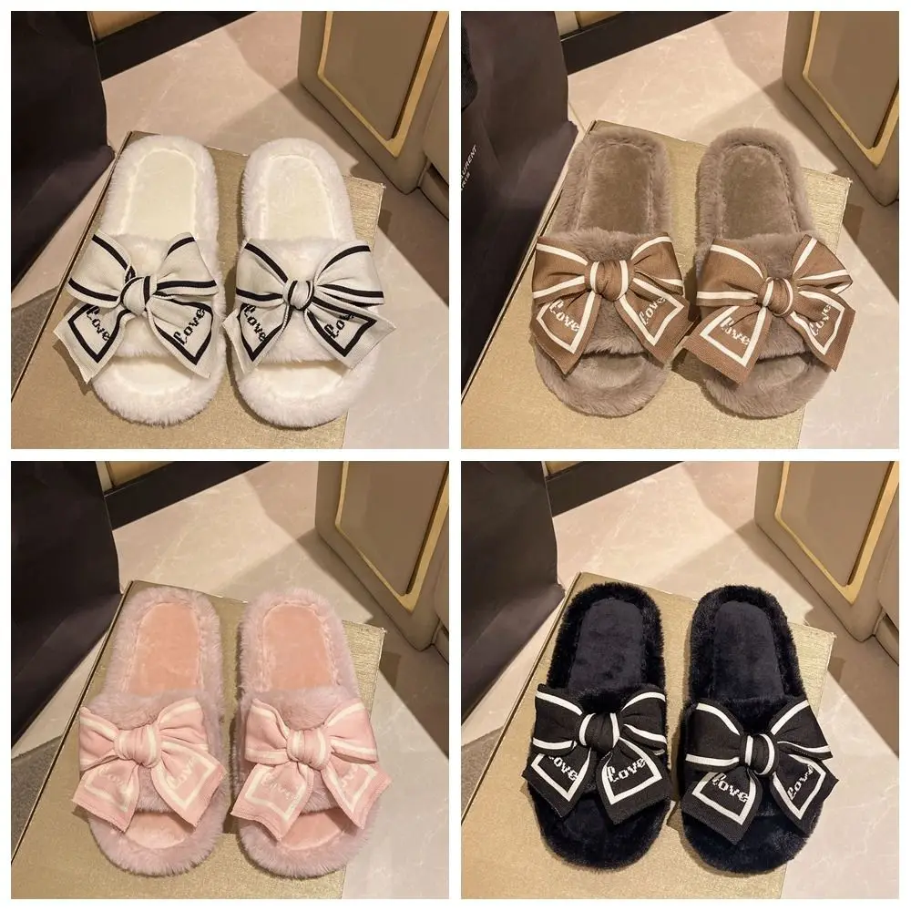 冬ソフトちょう結び毛皮スリッパノンスリップ暖かいぬいぐるみワンラインスリッパ厚い底かわいいホームスリッパ靴女の子