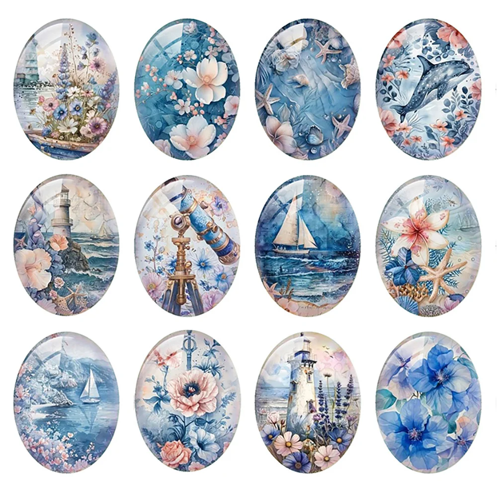 Random Mixed Round/Oval/Square Marine Flower Boat Dolphins Photo Glass Cabochon Flatback Demo Cameo For Diy Jewelry Making