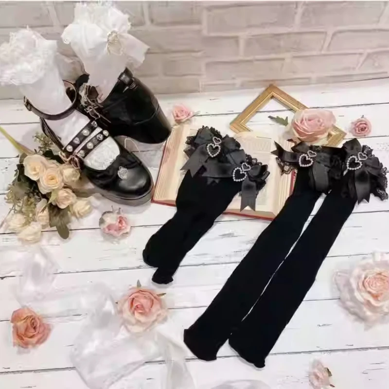 Luxury Big Bows Sweet Socks Lolita Bow Pearl Heart Pendant Lace Mid-Calf Socks Larme Kei Cotton Lace Socks Women