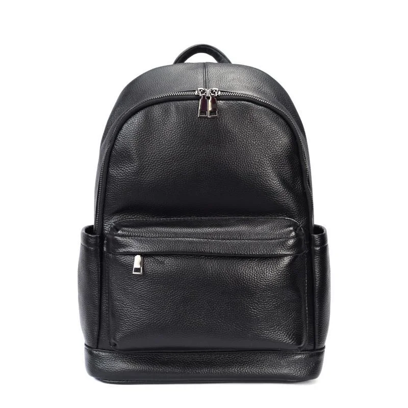 Man Genuine Leather Travel Backpack Big Black Cow Leather Laptop Daypack Mult-pocket Computer Rucksack for Work Daily Use