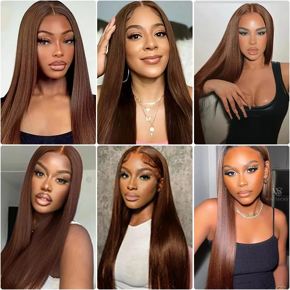 วิกผมตรงแบบ Bone Straight 13x6 Lace Frontal ขนาด 36 นิ้ว ความหนาแน่น 200 # วิกผมบราซิลแบบ HD Lace Front สีน้ำตาลช็อกโกแลต 4 ชิ้น ทำจากผมแท้ 100% สำหรับผู้หญิง