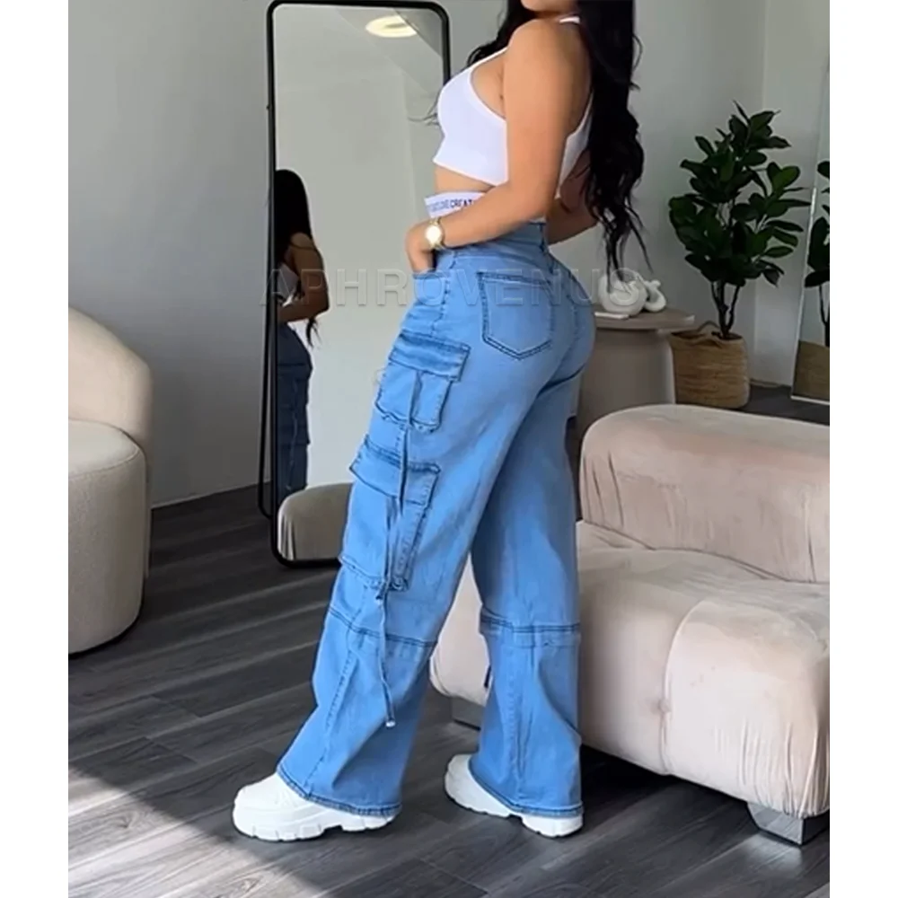 Denim Straight Jeans weites Bein Frauen hohe Taille lose Hosen y2k Hose Hip-Hop Streetwear Taille Color blocked Design lose Jeans