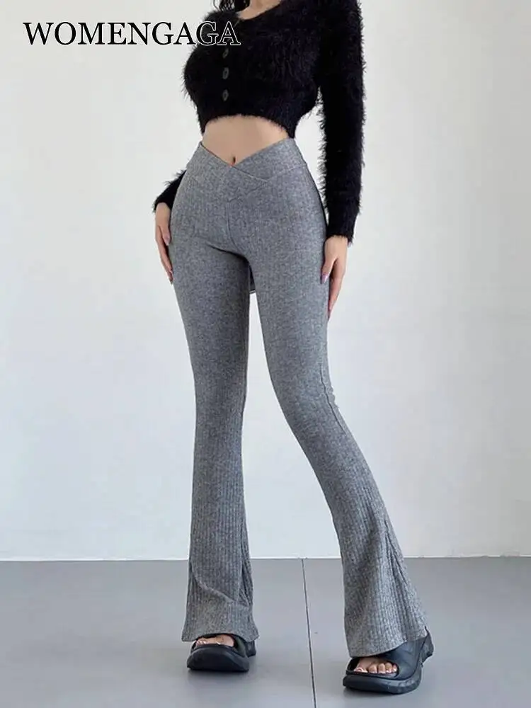 WOMENGAGA Spice Girl Cross Waist Knitted Pants Women Tight Elastic Slightly Flare Pants Casual Pants Trousers Cotton Stripe M51L