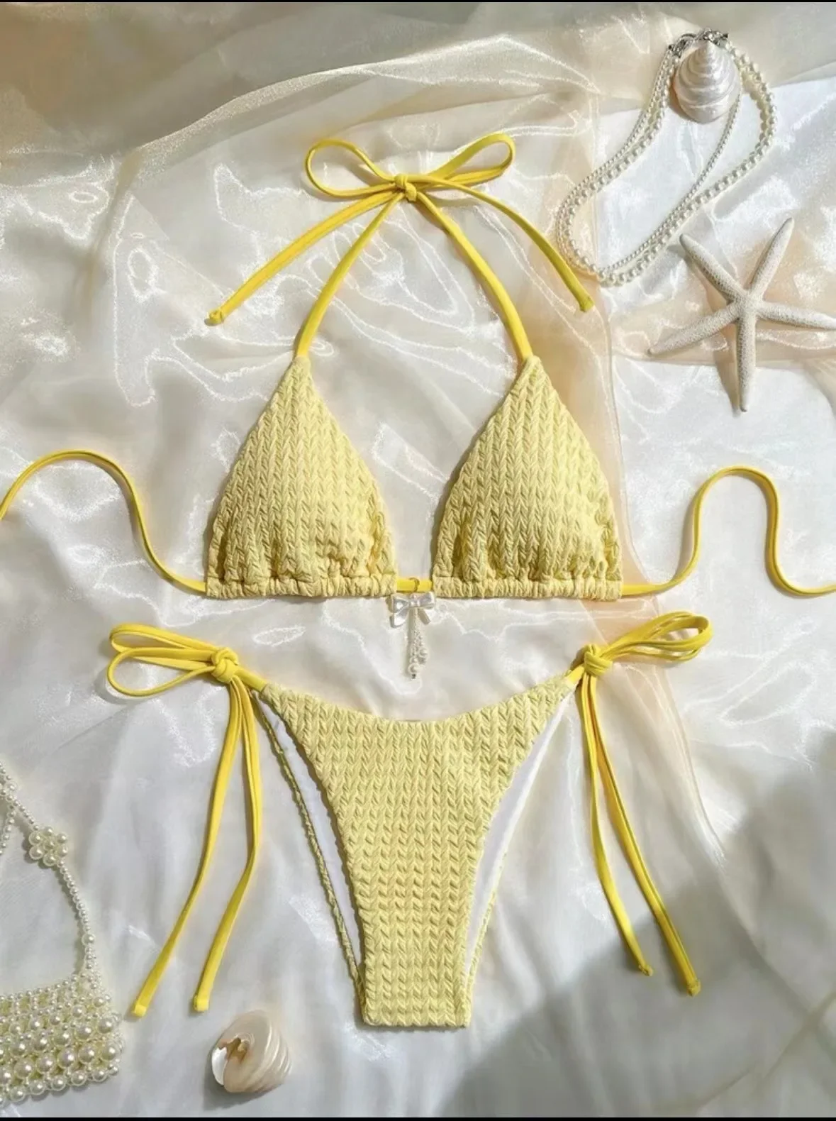 

Sexy Yellow Bow Pendant Women's Bikinis Sets Two Pieces Halter Tie Swimsuit Beachwear Bathing Suit Swimwear Biquini Trikini