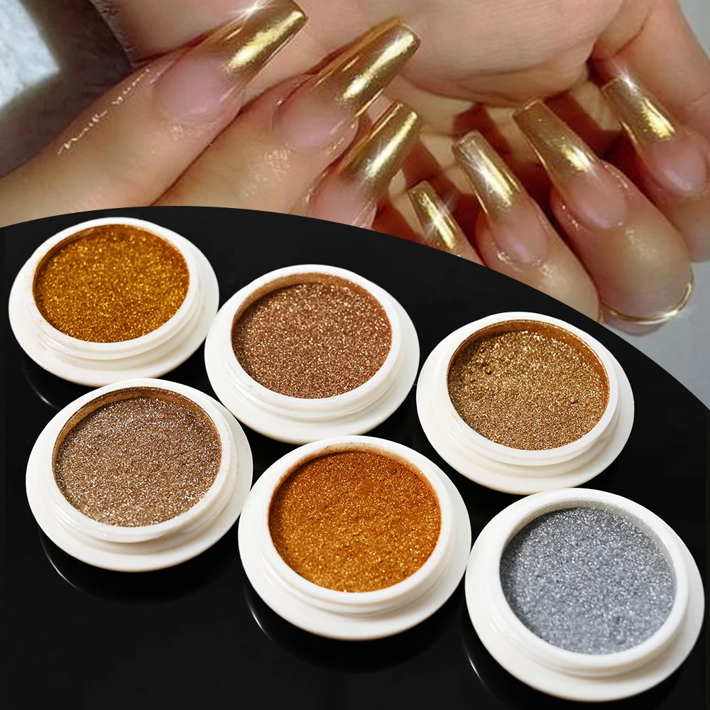 6 Pcs Elegant Mirror Chrome Effect Metallic Dust Holographic Glazed Manicure Decoration Reflective Gold Silver Glitters Powder