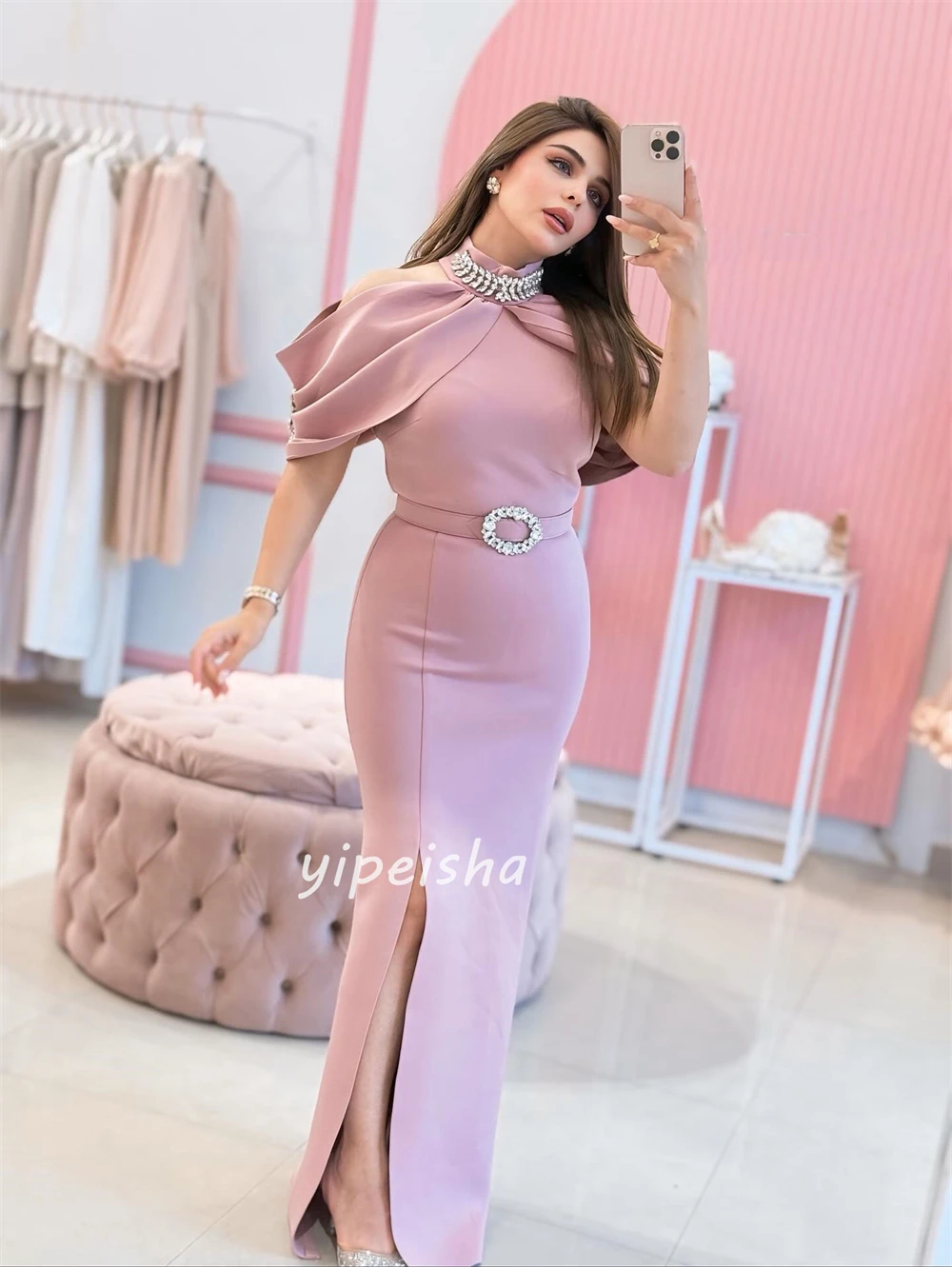 Индивидуальный современный стиль, элегантный трикотаж со стразами, плиссированная колонна, длинные платья с высоким воротником, платья на заказ, доступны размеры