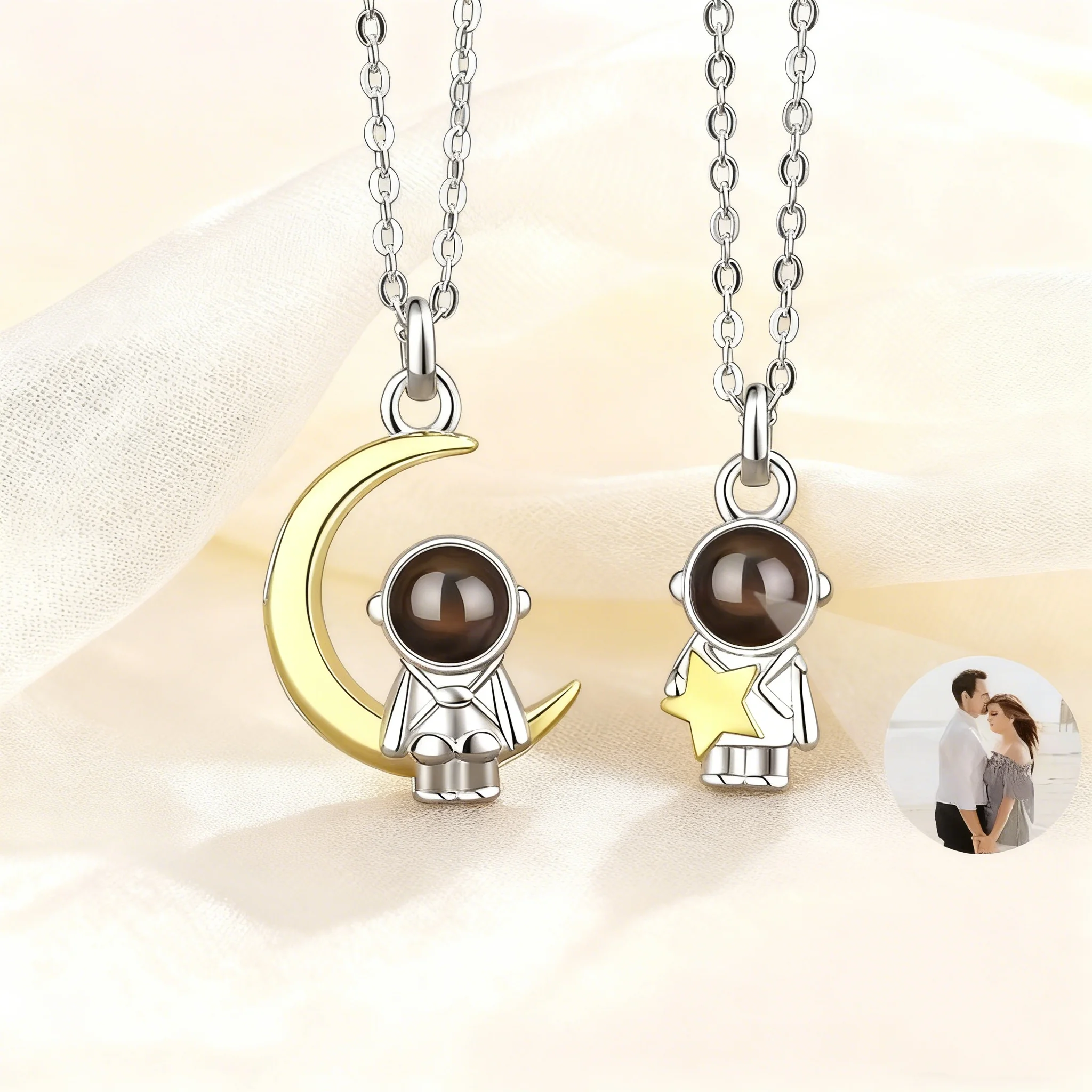 

Couple Anniversary Gift Custom Photo Personalized Projection Photo Necklace Moon Star Astronaut Pendant Necklace