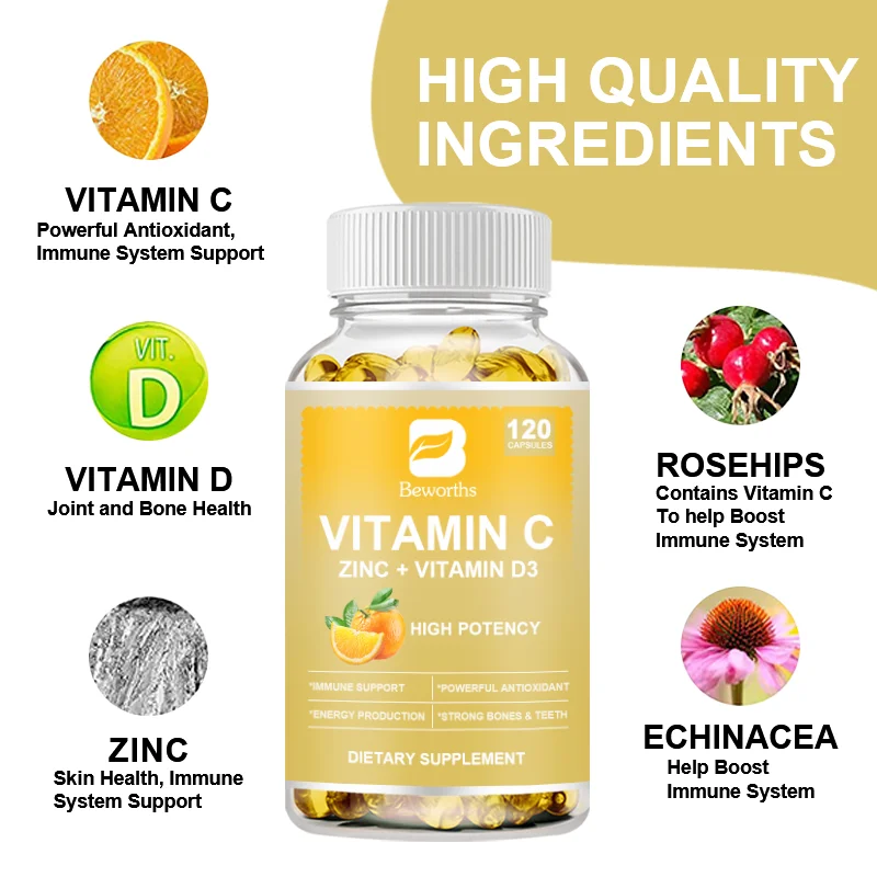 

BEWORTHS Vitamin C+Zinc and Vitamin D3 Capsule Immune Support Skin Brightens and Improves Dullness Beauty Health Food