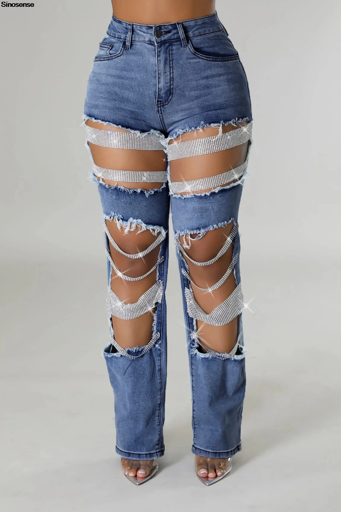 Women Skinny Ripped Jeans Rhinestones Chain Stretch Distressed Destroyed Denim Pants Y2K Streetwear Night Club Party Jeans