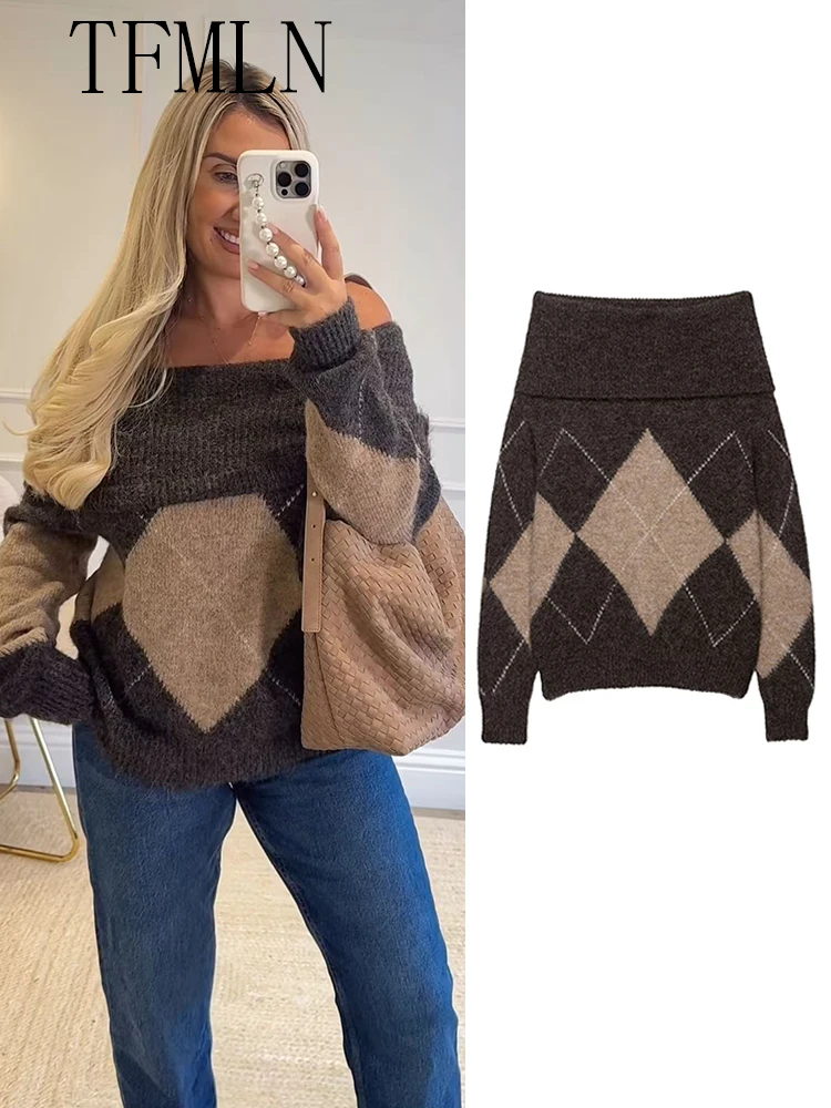 

2025 Autumn Winter Women Off Shoulder Knitted Sweater Fashion Warm Loose Argyle Pullover Tops Causal Ladies Slash Neck Sweaters