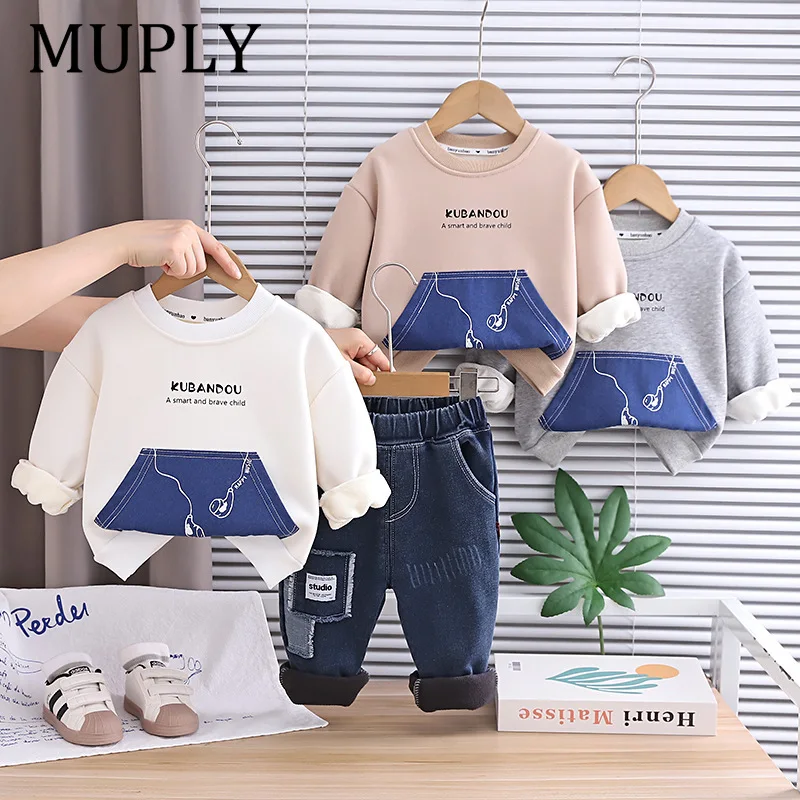 

New 2025 High Quality Winter Baby Clothes Sets Boys Sweatshirt Jeans 2Pcs Thicken Fleece Toddler Winter Warm Casual Tracksuit