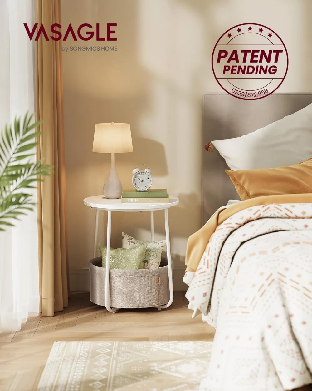 Modern Round Side Table with Fabric Storage Basket, Small Nightstand in Matte White and Brown
