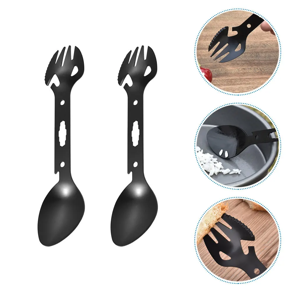 

2pcs Portable Stainless Steel Spork Fork Bottle Opener Multifunctional Camping Tableware For Outdoor Hiking Picnic Travel