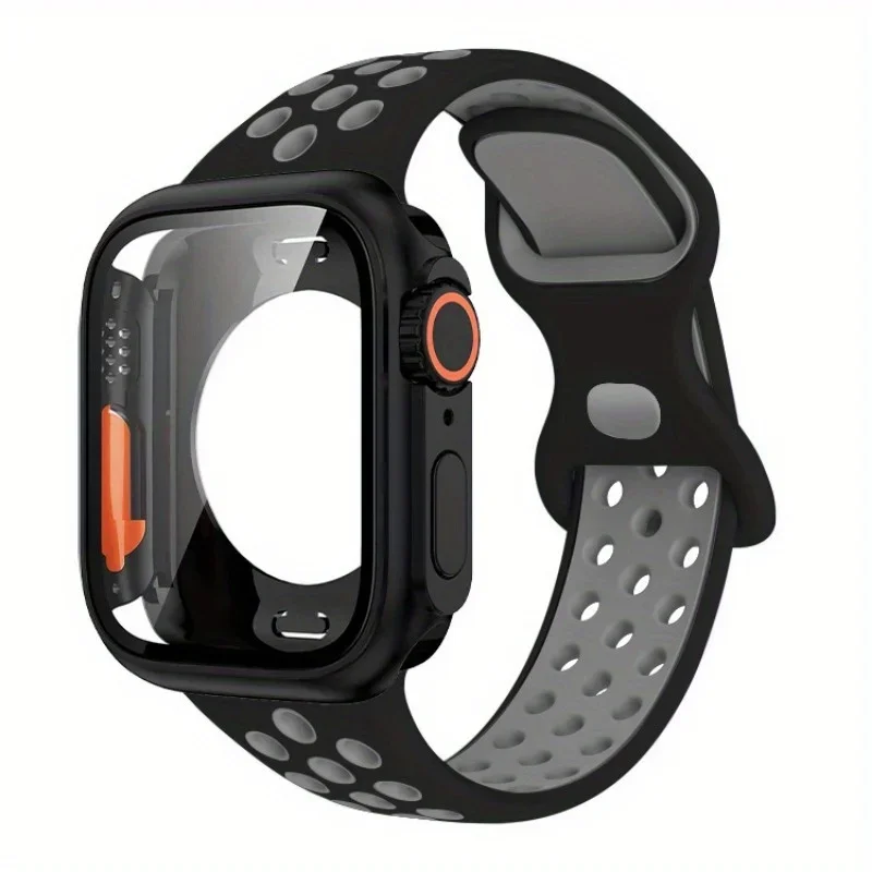 Correa de silicona con funda protectora de pantalla para iWatch Series 4/5/6/SE/7/8/9 45mm/44mm/41mm/40mm correa de reloj deportivo con cierre de mariposa