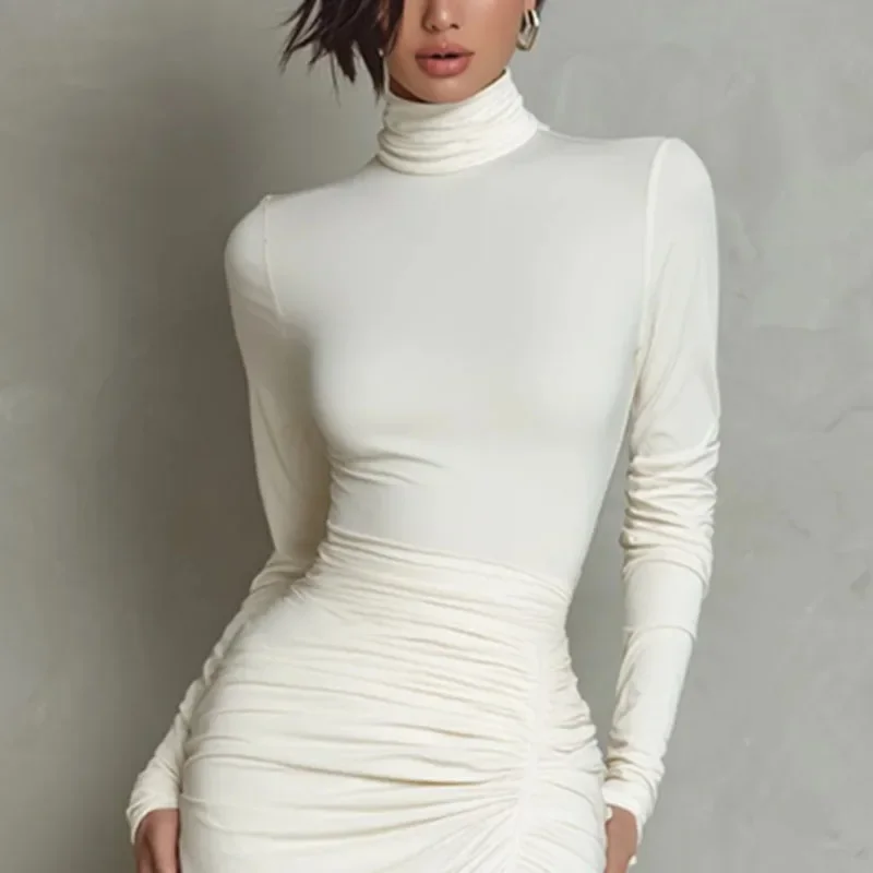 Elegant Turtleneck Ruched Bodycon Long Dress Woman Sexy High Waist Split Evening Dresses Spring Fall Long Sleeve Slim Boho Dress