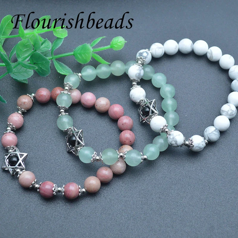 

Natural Gemstone 8mm Beads Pink Rhodonite White Howlite Green Aventurine Star Charms Bracelet for Women Men Fine Jewelry Gift