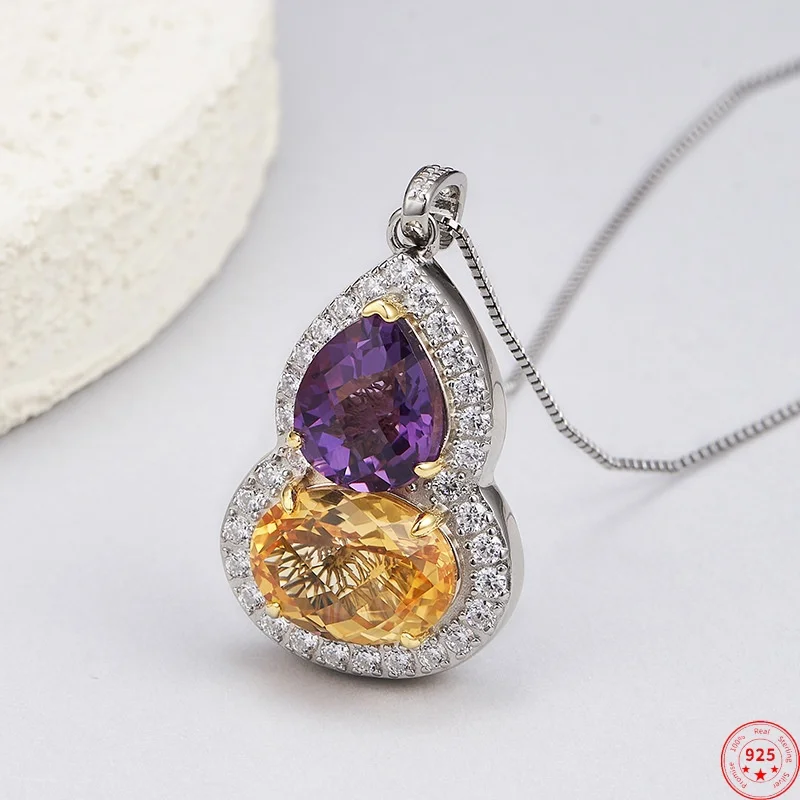 S925 Sterling Silver Pendant for Women Men Hollow Gourd Inlaid Amethyst Citrine Micro Zircon Charm Fashion Jewelry Wholesale