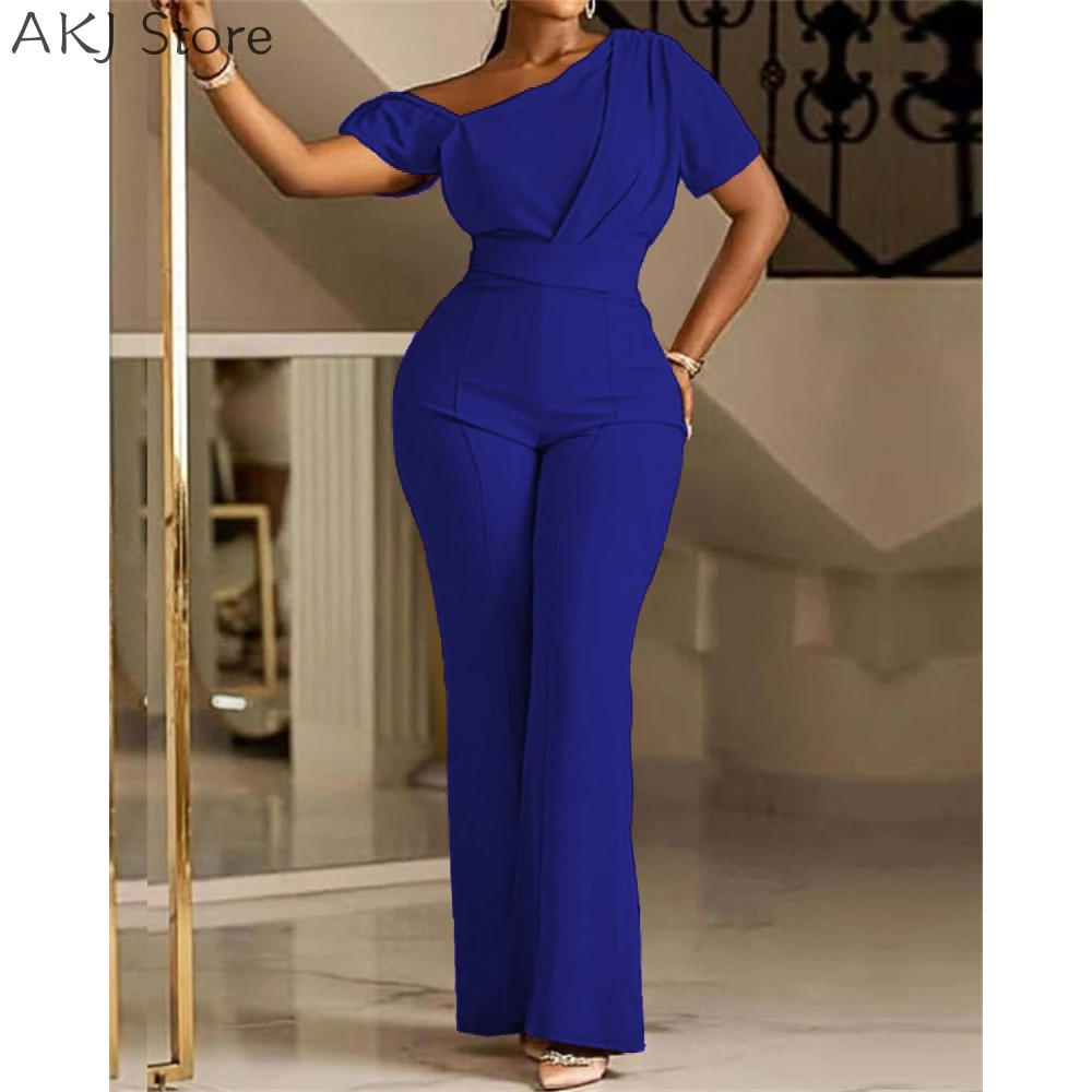 

Women Asymmetrical Neck Ruched High Waist Jumpsuit Casual Ladies Elegant Office Jumpsuit