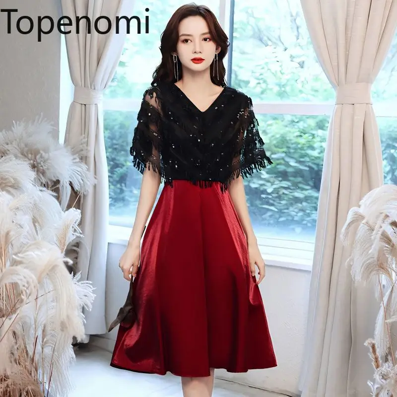 

Topenomi Formal Party Dress Women French Elegant V Neck Patchwork Waist A-line Midi Dresses 2024 Summer Fashion Vestido De Festa