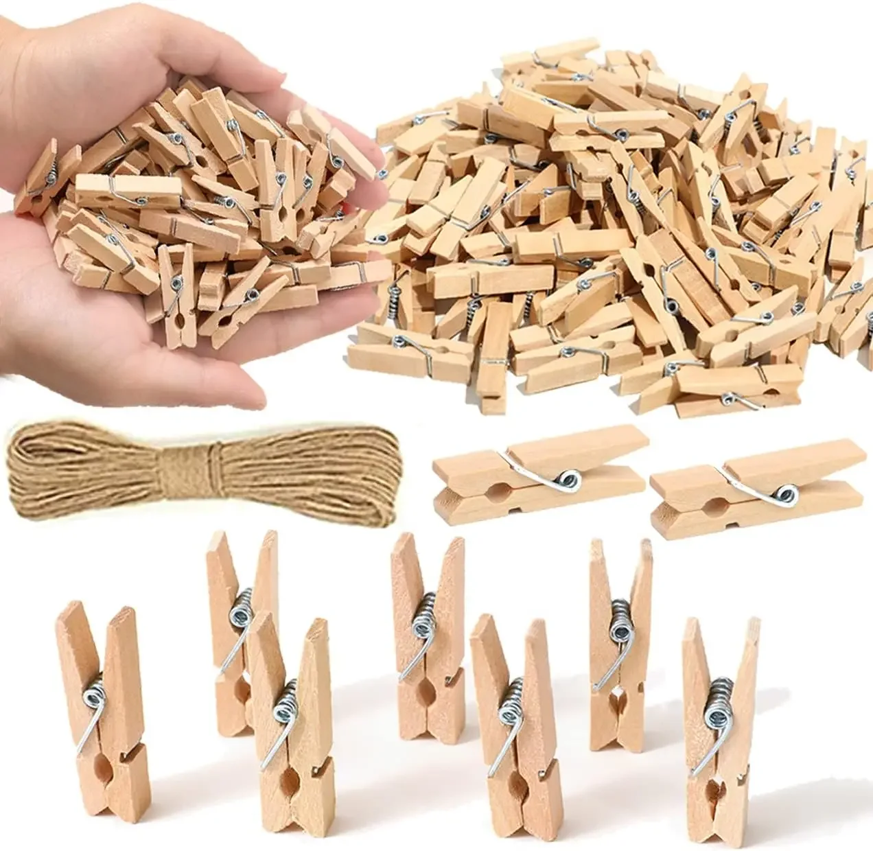 

10/20/50 mini wood clothespins, 1-inch small craft wood clips, free hemp rope for photo walls and DIY crafts. Embroidery kit