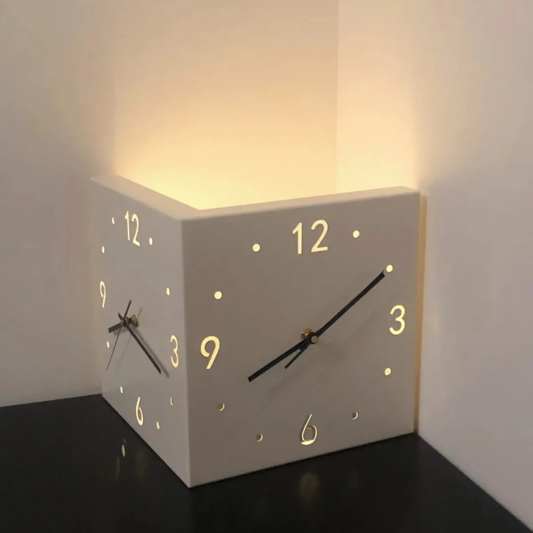 

Inductive luminous corner clock Square living room minimalist double-sided clock Iron digital hollow out wall clock