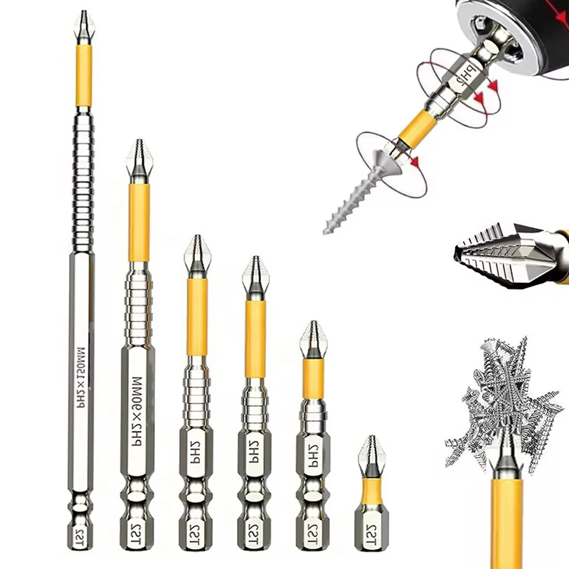 5PCS Upgraded High Hardness And Strong Magnetic Bit 25/50/65/70/90/150mm Non-slip Cross High Hardness Electric Hand Drill Screw
