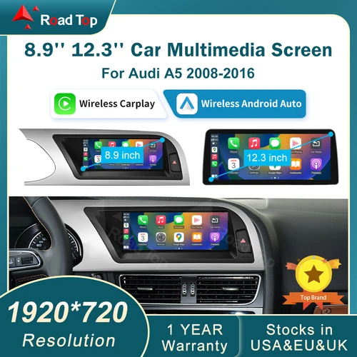 Écran multimédia CarPlay sans fil de 12.3 pouces, Android Auto pour Audi A5 2008 – 2016 Airplay Autolink