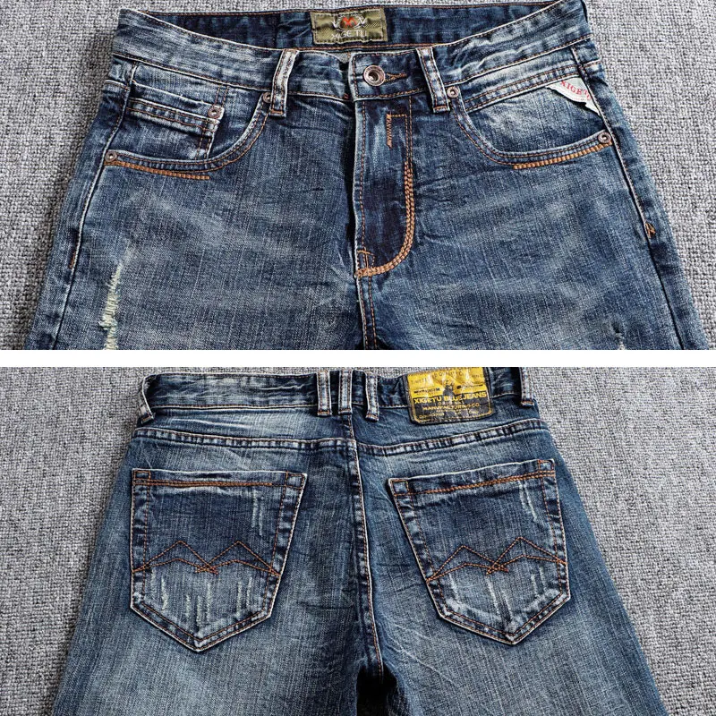 Street Fashion Men Jeans Retro Blue High Quality Stretch Straight Slim Fit Ripped Jeans Men Vintage Designer Denim Pants Hombre