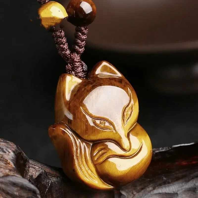 Naturalny żółty kamień tygrysiego oka Jadeitowy naszyjnik z głową lisa Moda Biżuteria Amulet Szczęście Prezenty Kobiety Mężczyźni Łańcuch swetra