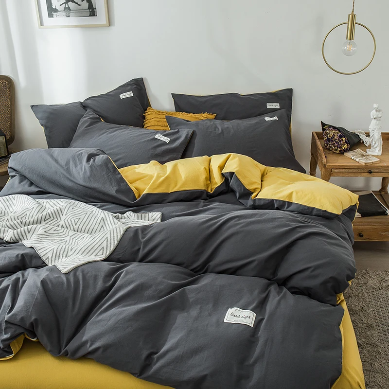 Imagem -03 - Longo-grampo de Algodão Quatro Peças Folha de Cama Estrela e Lua Padrão Simples Algodão Roupa de Cama Luz Modelos de Luxo Denim Cinza Amarelo 2023