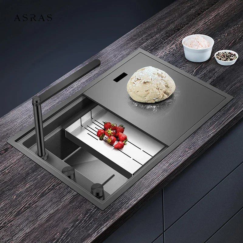 ASRAS Nano kitchen Sink Double Cover hidden Single Large Size 304 Stainless Steel 4mm Thickness Handmade Brushed kitchen Sink