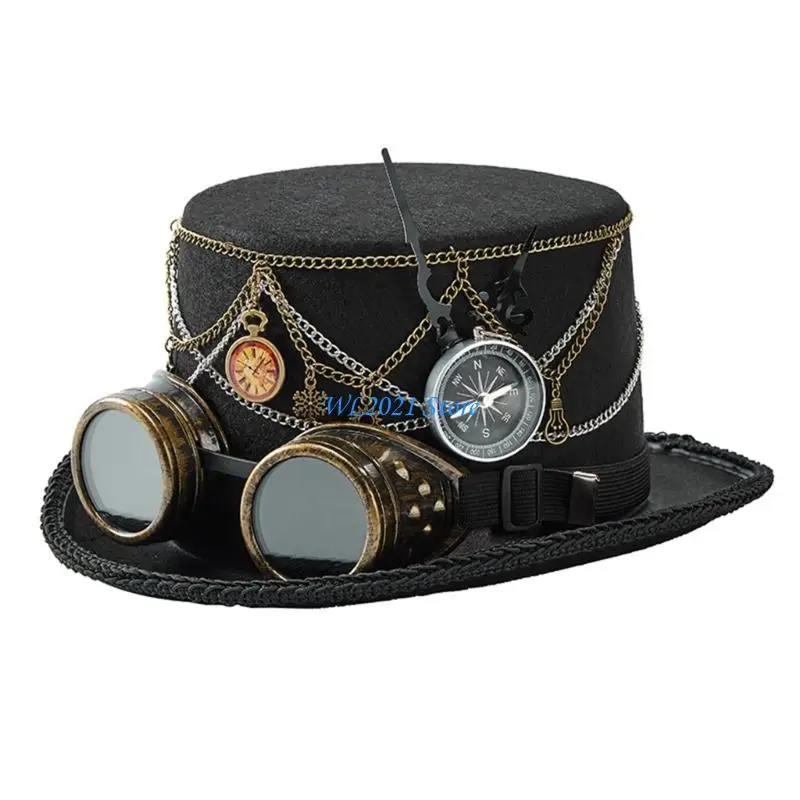 

G5GC Metal Chain Gothic Top Hat for Coser Steampunk Goggles for Party Themed Event Halloween Accessory