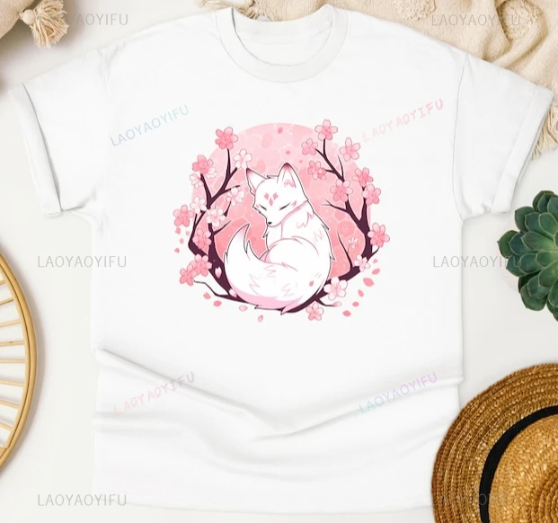 Sakura Blossom Spirit Fox Printed T Shirt Kitsune Cherry Blossom Japanese Style Fox Short-sleev Casual Aesthetic T Shirt Tops