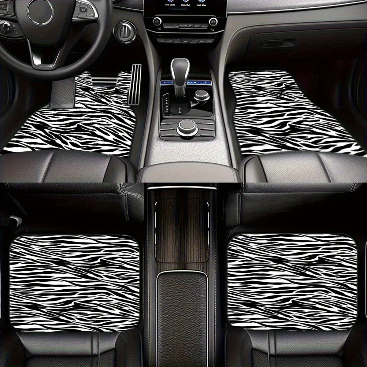 

4pcs Black And White Stripes Pattern Print Car Floor Mats Set- Front& Rear Full Coverage Auto Interior Accessories, Crystal Velv