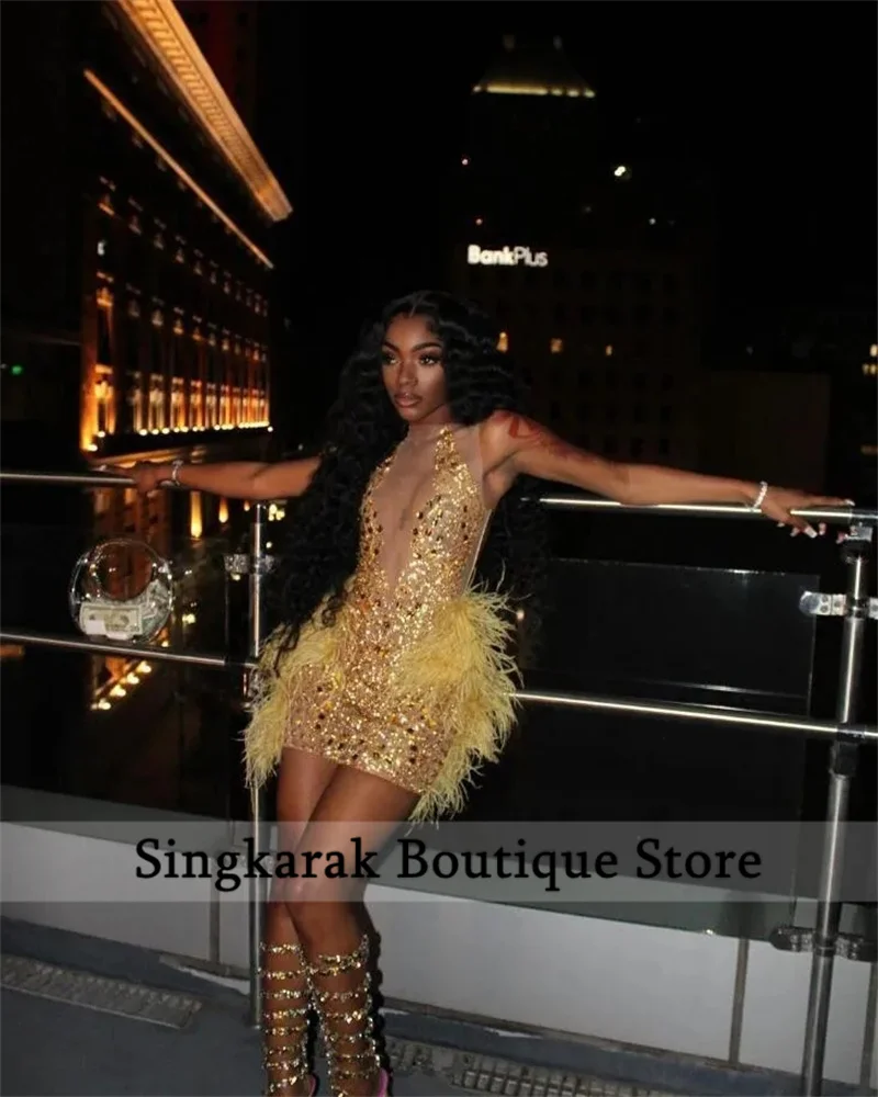 Sparkly Pink Mermaid Short Prom Dress Glitter Bead Crystals Rhinestones Feathers Cocktail Birthday Party Gown Customized image 3