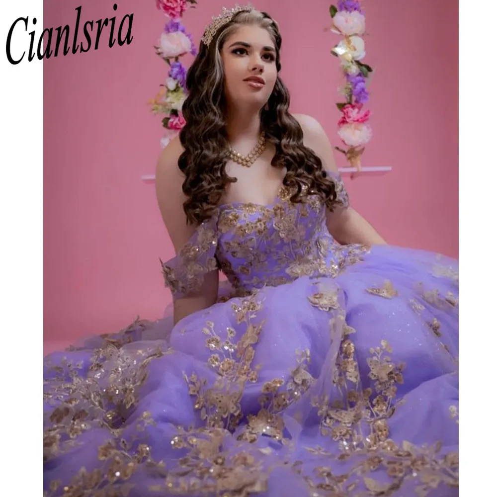 Vestidos lilas de quinceañera para niña, vestidos con cuentas y lentejuelas hechos a mano, flores 3D, fiesta de graduación, 15 años