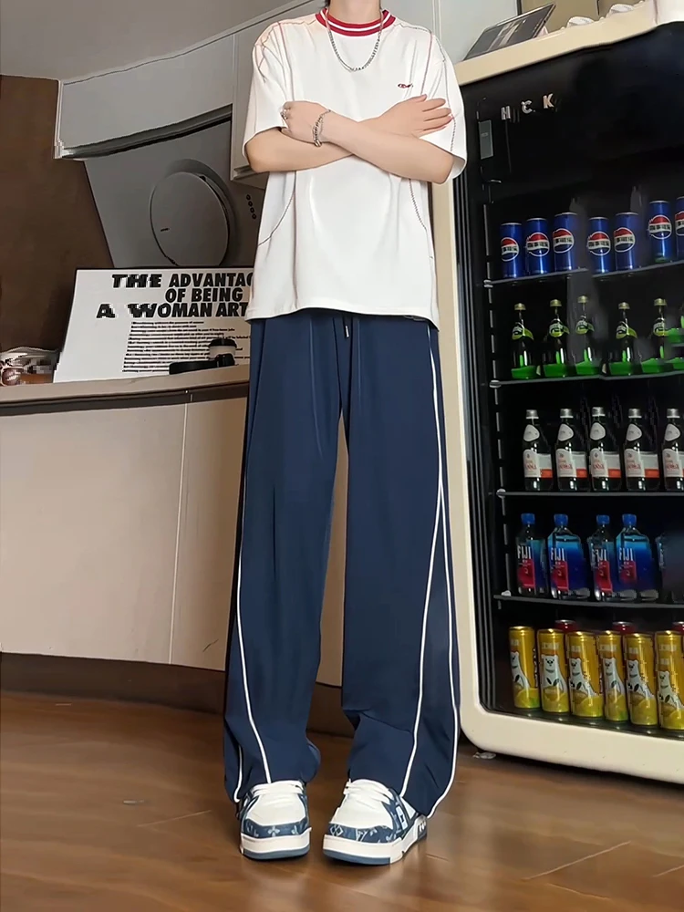 

Trendy Ice Silk Stripe Casual Pants for Teen Boys Summer Thin Straight Leg Long Trousers Leisure American Sle Sports orts