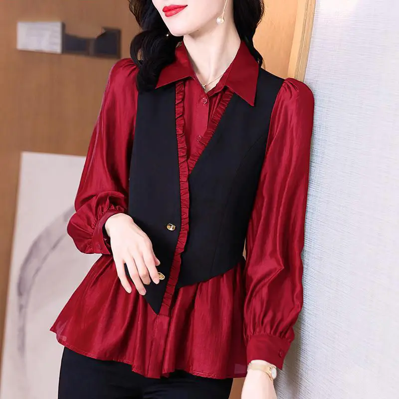 Elegant Fashion Ruffles Lantern Sleeve Fake Two Pieces Blouse 2022 Spring Autumn Korean Office Lady Turn-down Collar Slim Shirt